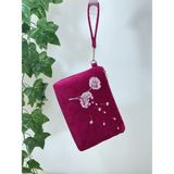 CIGDEMCALISKAN Velvet Dream Botanical Clutch Çanta | Karahindiba Nakışlı Kadife El Çantası - 17 cm x 24 cm - Fuşya - Magenta