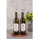 CİHO Ahşap Standlı Damlatmaz Başlıklı Amber 2'li 750 Ml Zeytinyağı Sıvıyağ Şişesi Yağdanlık Yağlık