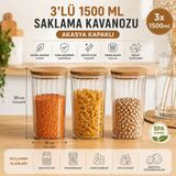 Ciho Socks Ciho 3 Adet 1500 ML Cam Akasya Vakumlu Kapak Erzak Kavanozu Saklama Kabı - 1,5 lt - Kahverengi