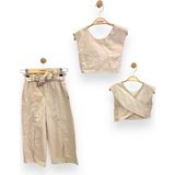 Çikoby Kız Çocuk Dokuma Üstü Crop Bol Paça Yırtmaçlı Pantolon Takım - Taş - 4 - 5 Yaş