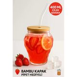 Çilek Desenli 400 Ml Borosilikat Cam Bardak – Bambu Kapaklı, Cam Pipet Hediyeli, Şık Ve Sağlıklı