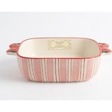 Çilek Desenli Kulplu Seramik Fırın Kabı - Kare Borcam & Sunum Borcamı (20 x 19 Cm) - Pembe