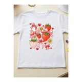 Çilek Kurdele Çizim Baskılı Oversize Pamuklu Beyaz Kız Çocuk T-shirt sdf20sb