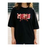 Çilek Kurdele Desenli Mama Anne Baskılı Oversize Pamuklu Kadın Siyah T-shirt kmn61sb