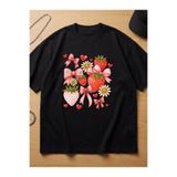 Çilek Kurdele Papatya Baskılı Oversize Pamuklu Siyah T-shirt kmn62sb