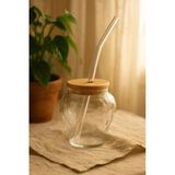Çilek Model Borosilikat Cam Bardak, Bambu Kapaklı, 400 Ml, Pipet Hediyeli - Şeffaf