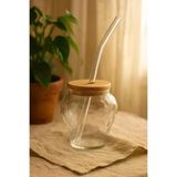 Çilek Model Borosilikat Cam Bardak, Bambu Kapaklı, 400 Ml, Pipet Hediyeli