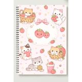 Çilek ve Kedi Temalı A5 Spiralli Defter, Çizgisiz, Kalın Bristol Kapak, Kawaii Tasarım