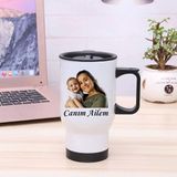 Çılgıntrend Kişiye Özel Kulplu Fotoğraflı Çelik Bardak Termos - 450MLT - Beyaz - 400 ml