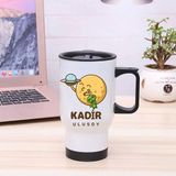 Çılgıntrend Kişiye Özel Kulplu Uzay Temalı Çelik Bardak Termos - 450MLT - Beyaz - 400 ml