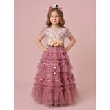 Ciliegia Dolls Kız Çocuk Dantelli Kısa Kol Uzun Abiye Elbise - Saten ve Kat Kat Tüllü Prenses Gelinlik Doğum Günü Kıyafeti - Pembe - 6 Yaş