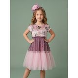 Ciliegia Dolls Kız Çocuk Likralı Renkli Boncuklu Tüllü Elbise Taç Hediyeli - Mor - 5 Yaş