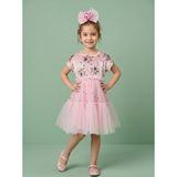 Ciliegia Dolls Kız Çocuk Likralı Renkli Boncuklu Tüllü Elbise Taç Hediyeli - Pembe - 6 Yaş