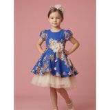 Ciliegia Dolls Kız Çocuk Mavi Gold Jakarlı Ay Kol Abiye Elbise - Arkası Kuşaklı Renkli Tüllü Prenses Model Elbisesi - Bej - 5 Yaş