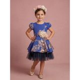 Ciliegia Dolls Kız Çocuk Mavi Gold Jakarlı Ay Kol Abiye Elbise - Arkası Kuşaklı Renkli Tüllü Prenses Model Elbisesi - Lacivert - 6 Yaş