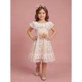 Ciliegia Dolls Kız Çocuk Nakışlı Organze Kayık Yaka Abiye Elbise - Pamuk Astarlı Arkası Kuşaklı Elbise - Bej - 5 Yaş