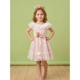 Ciliegia Dolls Kız Çocuk Nakışlı Organze Kayık Yaka Abiye Elbise - Pamuk Astarlı Arkası Kuşaklı Elbise - Pembe - 5 Yaş