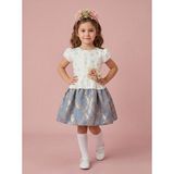 Ciliegia Dolls Kız Çocuk Taç Hediyeli Çiçekli Mavi Jakar Elbise - 4 Yaş