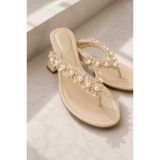 CİMİLİ SHOES Kadın Bej Parmak Arası Gül ve İncili Topuklu Terlik Ortopedik Kadın Sandalet