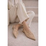 CİMİLİ SHOES Kadın Bej Sivri Burun Bağcıklı Babet Günlük Ortopedik Tabanlı Ayakkabı