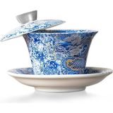 Çin Ejderhası Gaiwan Mavi Sancai Çay Kasesi Seti, 100 ml Porselen Fincan ve Tabak
