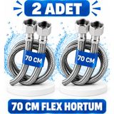 Cina Max 70 cm Paslanmaz Çelik Örgülü Flex Hortum (2 Adet) 3/8'x3/8' - Klozet ve Taharet Musluğu Için Dayanıklı Bağlantı Hortumu