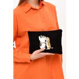 Çınar Bez Çanta Clutch Cats Size Siyah Kanvas Makyaj Çantası