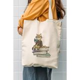 Çınar Bez Çanta Kanvas Kitap Okuyan Kedi Bez Çanta C0557 - Krem