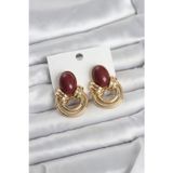 Çınar Toptan Ticaret Pirinç Gold Renk Bordo Taşlı Vintage Kadın Küpe