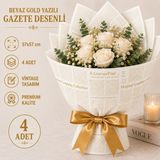 Çınarasyada Home Beyaz Gold Ingilizce Gazete Desenli Buket Ambalaj Kağıdı 57X57 cm Çiçek ve Hediye Paketi 4 Adet - Beyaz - Altın