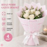 Çınarasyada Home Beyaz Pembe Ingilizce Gazete Desenli Buket Ambalaj Kağıdı 57X57 cm Çiçek ve Hediye Paketi 4 Adet