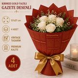 Çınarasyada Home Kırmızı Gold Ingilizce Gazete Desenli Buket Ambalaj Kağıdı 57X57 cm Çiçek ve Hediye Paketi 4 Adet