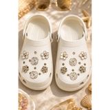 Cinderella 12'li Gold Beyaz Gül Çiçekli Taşlı Terlik Süsü Seti Jibbitz - Cross Süsleri Pin Charm Crocks Takı