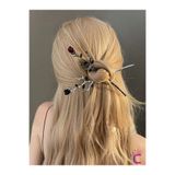 Cinderella 2'li Gothic Siyah Kırmızı Gül Metal Topuz Saç Tokası 17cm - Hediyelik Çin Japon Tarz Çubuk Toka