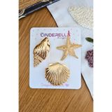 Cinderella 3'lü Deniz Kabuğu Deniz Yıldızı Gold Metal Pens Toka Seti 5cm - Yazlık Kadın Klipsli Yan Saç Tokası