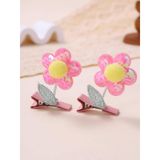 Cinderella Accessories 2'li 3D Boyutlu Pembe Sarı Ponponlu Pullu Çiçekli Yeşil Yapraklı Sallanan Pens Toka Seti Saç Tokası