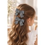 Cinderella Accessories 2'li Kız Çocuk Kareli Toka Seti Siyah Soft Renkli - Zarif Fiyonklu Kurdele Klips Pens Saç Tokası