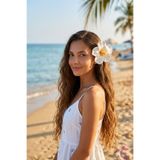 Cinderella Beyaz Japon Gülü Hibiskus Çiçeği Pens Saç Tokası 10cm - Hawaii Renkli Plaj Yazlık Klipsli Yan Toka