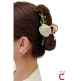 Cinderella Beyaz Kamelya Çiçekli Sarmaşık Yapraklı Kadın Metal Mandal Toka Gold 11.5cm - Hediyelik Saç Tokası
