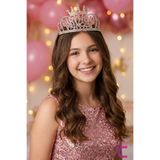 Cinderella Birthday Princess Yazılı Pembe Gümüş Kristal Taşlı Doğum Günü Tacı Rose Gold Metal Prenses Parti Taç