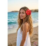 Cinderella Kırmızı Japon Gülü Hibiskus Çiçeği Pens Saç Tokası 10cm - Hawaii Renkli Plaj Yazlık Klipsli Yan Toka