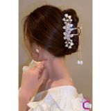 Cinderella Sallantılı Sedef Çiçekli İncili Taşlı Gold Metal Kadın Mandal Toka 11cm - Mandallı Saç Topuz Tokası