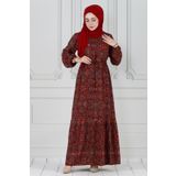 Çini Desen Beli Tünelli Viskon Elbise-Kırmızı