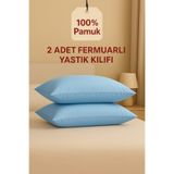 ÇIQRIK HOME 2 Adet Fermuarlı Pamuk Mavi Yastık Kılıfı