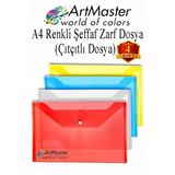 Çıtçıtlı Dosya A4 Şeffaf Renkli Zarf Dosya 4 Renk Çıt Çıtlı Dosya Su Geçirmez 100 Yaprak Kapasite Okul Ofis