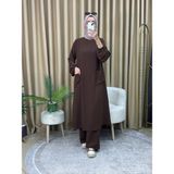 Çıtçıtlı Tunik Pantolon Takım - Acı Kahve - 40 - 42