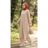 Çıtçıtlı Tunik Pantolon Takım - Bej - 44 - 46