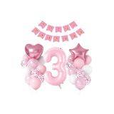 ÇITIPITISTORE Pembe Renk Rakamı 3 Yaş Doğum Günü Balon Seti, Kalp ve Yıldız Balonlar, Happy Birthday Pankartı