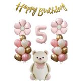 ÇITIPITISTORE Retro Fiyonklu Ayıcık Temalı Papatya Folyo Balonlu Doğum Günü Balon Seti, Pembe, 5 Yaş