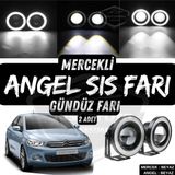 Citroen C Elysee 2012-2023 Uyumlu Üniversal Mercekli Angel Sis Farı Metal Su Geçirmez 76 mm Beyaz Halkalı Gündüz Farı Angel Eyes 2 Adet